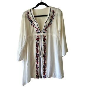 Vintage Y2K Boho Tunic Blouse White Cotton Blue Red Embroidery Size Medium